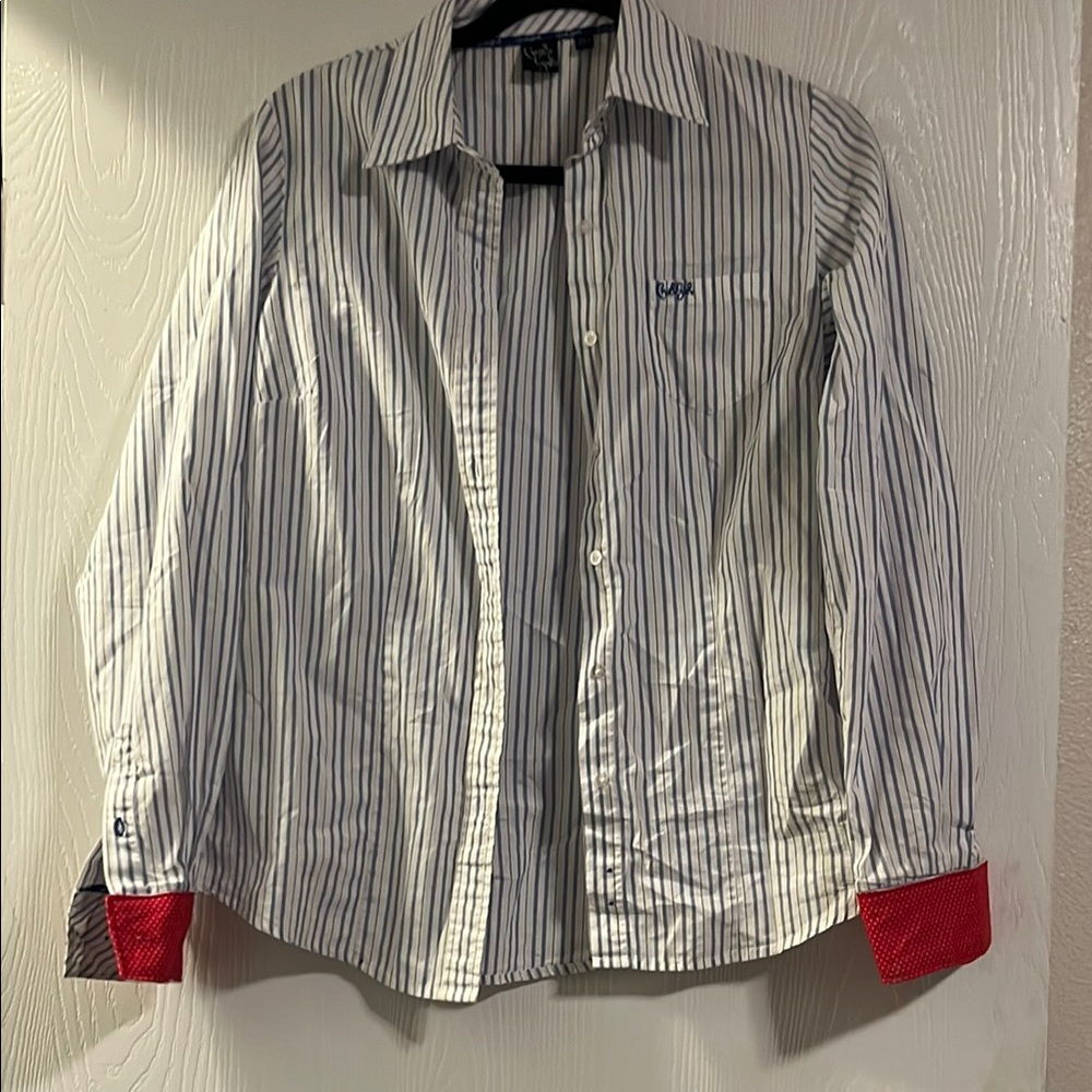 Cruel Girl White and Blue Long Sleeve Button Down Shirt